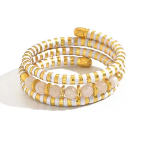 Bracelet multicouche d'été avec rayures blanc or et perles en pierre naturelle rose bijoux.