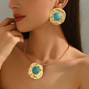 European and American vintage statement gold-tone hammered metal turquoise necklace and earrings