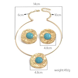 Vintage turquoise pendant collar necklace and earrings set with detailed dimensions.