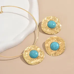 Exaggerated retro gold choker necklace and earrings set with turquoise resin stones for women