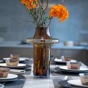 Florero de Vidrio Moderno Con Arreglo Floral Artificial Lujo Ámbar Marrón Centro de Mesa Decoración del Hogar Sala Comedor