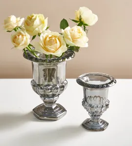 Juego de jarrones romanos de vidrio plateado de lujo para decoración del hogar y arreglos.