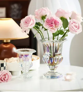 Jarrón de vidrio alto estilo romano de lujo, decoración floral transparente para mesa