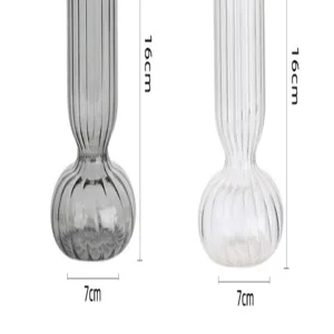 Modern ribbed glass vase, clear and grey decor, 16cm height, table floral arrangement centerpiece.