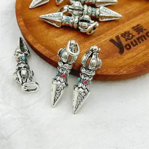 Vintage Antique Silver Plated Alloy Vajra Pestle Pendant Handcrafted DIY Buddhist Jewelry Accessory Necklace Pendant