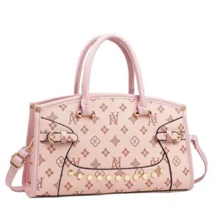 Pink monogram patchwork handbag, fashionable large capacity shoulder bag for women.
