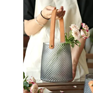 Clear glass flower vase with leather handle luxury transparent floral arrangement home decor