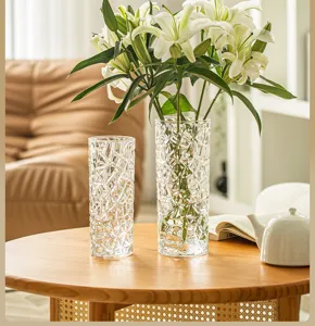 Detailed view of clear glass crystal textured vase for floral arrangement and modern home table decor