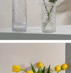 Transparent glass glacier texture vase for flower arrangement living room home decor setup.