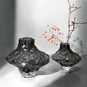 Nordic Transparent Smoked Gray Glass Vase Creative Art Canyon Textured Flower Arrangement Hydroponic Home Decor Ornament