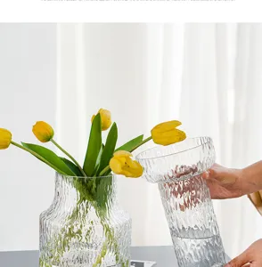 Clear glass glacier texture vase for elegant floral arrangement and home table decor.
