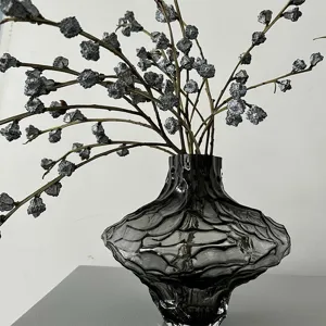 Nordic valley glass vase decorative artistic modern grey flower container for living room.
