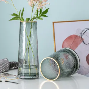 Nordic luxury ribbed glass vase transparent gold rim floral arrangement home table decor item