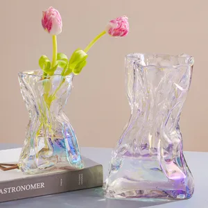 Vaso in vetro iridescente irregolare creativo, elegante decorazione da scrivania per fiori e idrocoltura