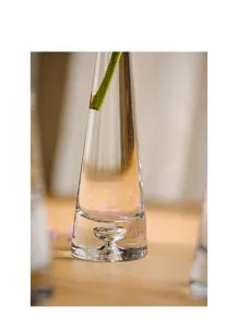Modern transparent glass bud vase, small caliber floral insert for elegant minimalist home decor.