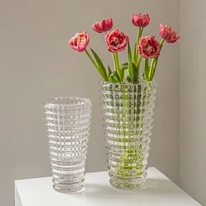 Klares Glasvasen-Set für moderne Heimdekoration, elegantes Kristall-Rippen-Blumengefäß.