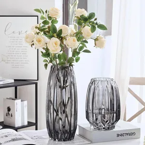 Nordic Luxury Glass Vase Transparent Gray Pink Striped Geometric Faceted Flower Vases For Living Room Dining Table Home Decor