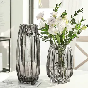 Nordic luxury grey glass vase set for elegant home living room flower arrangement decor.