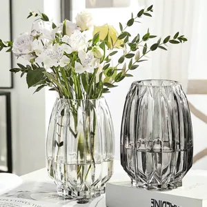 Nordic clear glass vase for modern living room table decor, elegant flower arrangement container.