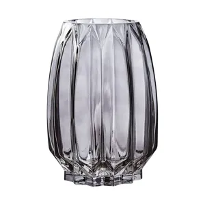 Nordic luxury faceted grey glass vase, elegant transparent floral table centerpiece decor.
