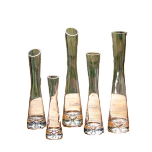 Clear glass vases set of 5 slender small opening flower bottles for modern home decor.