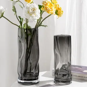 Nordic minimalist grey glass vase creative irregular rippled design home living room decor