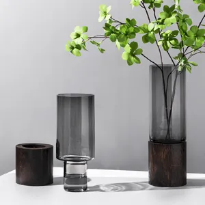 Modern Luxury Grey Glass Vase with Wooden Base and Green Leaves Decor for Living Room