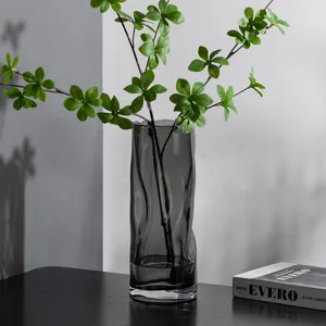 Nordic creative extra-large grey glass vase, modern minimalist wavy floral arrangement decor.