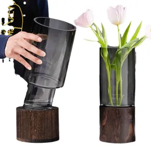 Modern luxury glass vase with solid wood base, creative floral arrangement home decor.