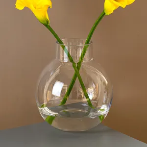 Modern clear glass vase for flowers, minimalist round floral arrangement decor for home.