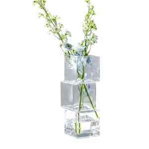 Florero de vidrio irregular escalonado hecho a mano, cubo transparente apilable para decoración