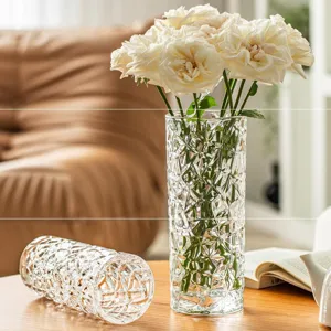 Transparent Crystal Glass Vase Geometric Faceted Cylinder Flower Vase Clear Decorative Tabletop Vase for Living Room