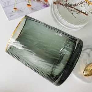 Nordic luxury ribbed glass vase with gold rim for modern home tabletop flower arrangement decor