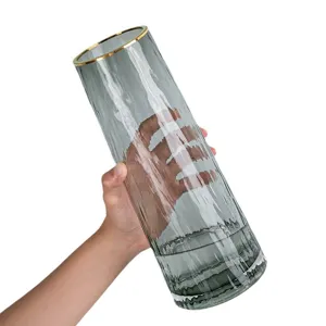 Nordic Luxury Grey Glass Flower Vase with Gold Rim Clear Tabletop Floral Arrangement Decor
