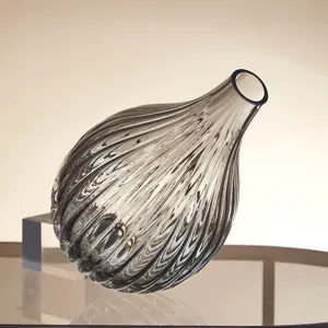 Nordic minimalist smoky grey glass vase with vertical ribs for home living room floral decor.