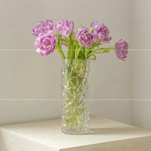 Transparent crystal glass vase with geometric diamond pattern for elegant home table floral decor