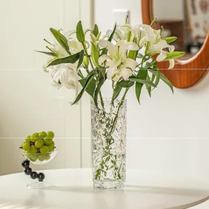 Transparent glass vase for flowers, clear crystal ribbed floral container for home decor