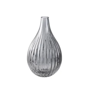 Nordic minimalist grey glass vase, teardrop shaped ribbed floral container for home decor