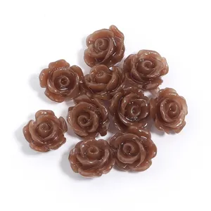 Brown 3D resin camellia flower loose beads for DIY jewelry making, bracelets, and phone case decor.