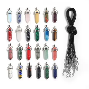 Détails de pendentif colonne hexagonale en cristal, colliers en pierre colorée cordon noir.