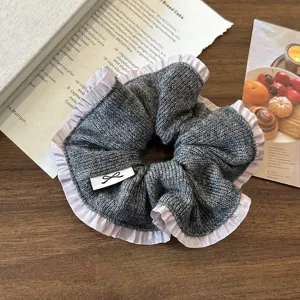 Grey knit hair scrunchie with white ruffle edge elegant fleece hair tie for women and girls