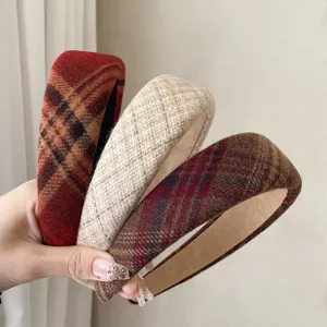 Korean style plaid wide headband, thick winter hair hoop, elegant collegiate hair accessories for women.