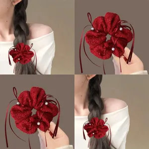 Chouchou en Tissu de Laine Rouge Nœud Bordure en Dentelle Accessoires de Cheveux Femmes Mode Coiffe Fête Nouvel An Produit de Coiffure