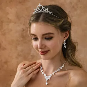Rhinestone Tiara Crown Necklace Earrings Set Bridal Princess Hair Accessory for Women