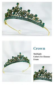 Dettaglio corona da sposa dorata con strass verdi, diadema vintage di lusso per feste.