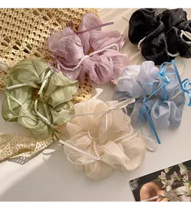 Scrunchies μαλλιών από τούλι με πέρλες και φιόγκο γυναικεία αξεσουάρ μαλλιών μόδας