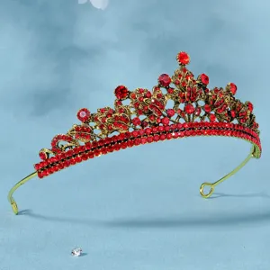 Stupenda tiara corona vintage in oro e strass rossi per matrimonio sposa compleanno festa