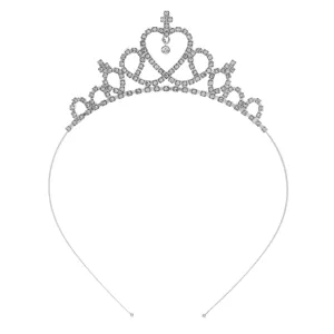 Kids rhinestone heart crown headband, sparkly silver metal tiara hair accessory for girls.