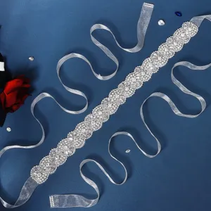 Luxury rhinestone bridal belt for wedding dress, elegant crystal waist band with white ribbon.