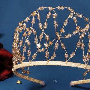 Bridal crystal tiara handmade gold wire mesh hairband wedding hair accessory for women